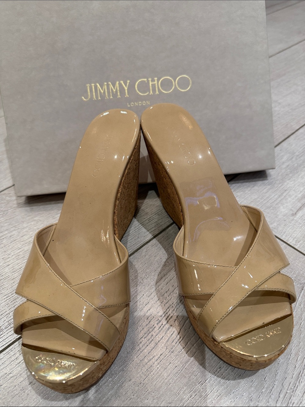 Jimmy Choo Nude Patent Cork Wedge Sandals